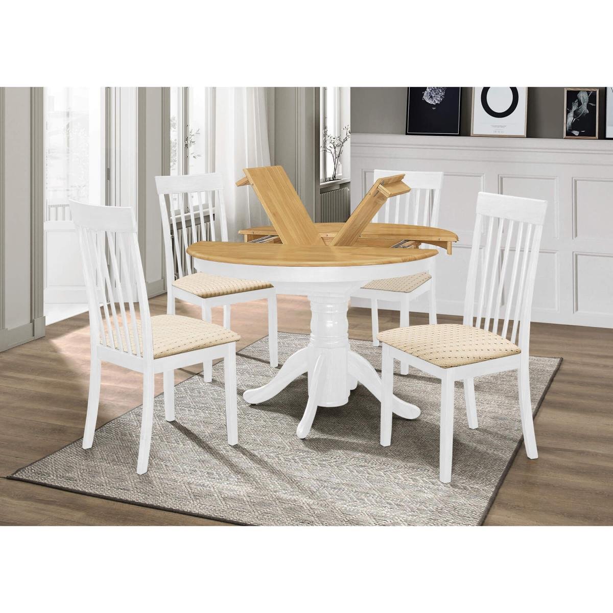 100% Oak Leicester White Dining Set with 4 Chairs Light Oak & White
